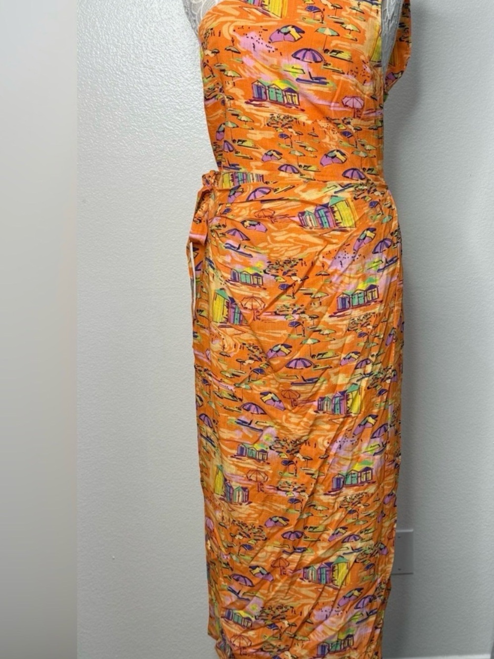 Orange Printed Maxi Dress - Vibrant Beach Scene NWT - Picture 5 of 6